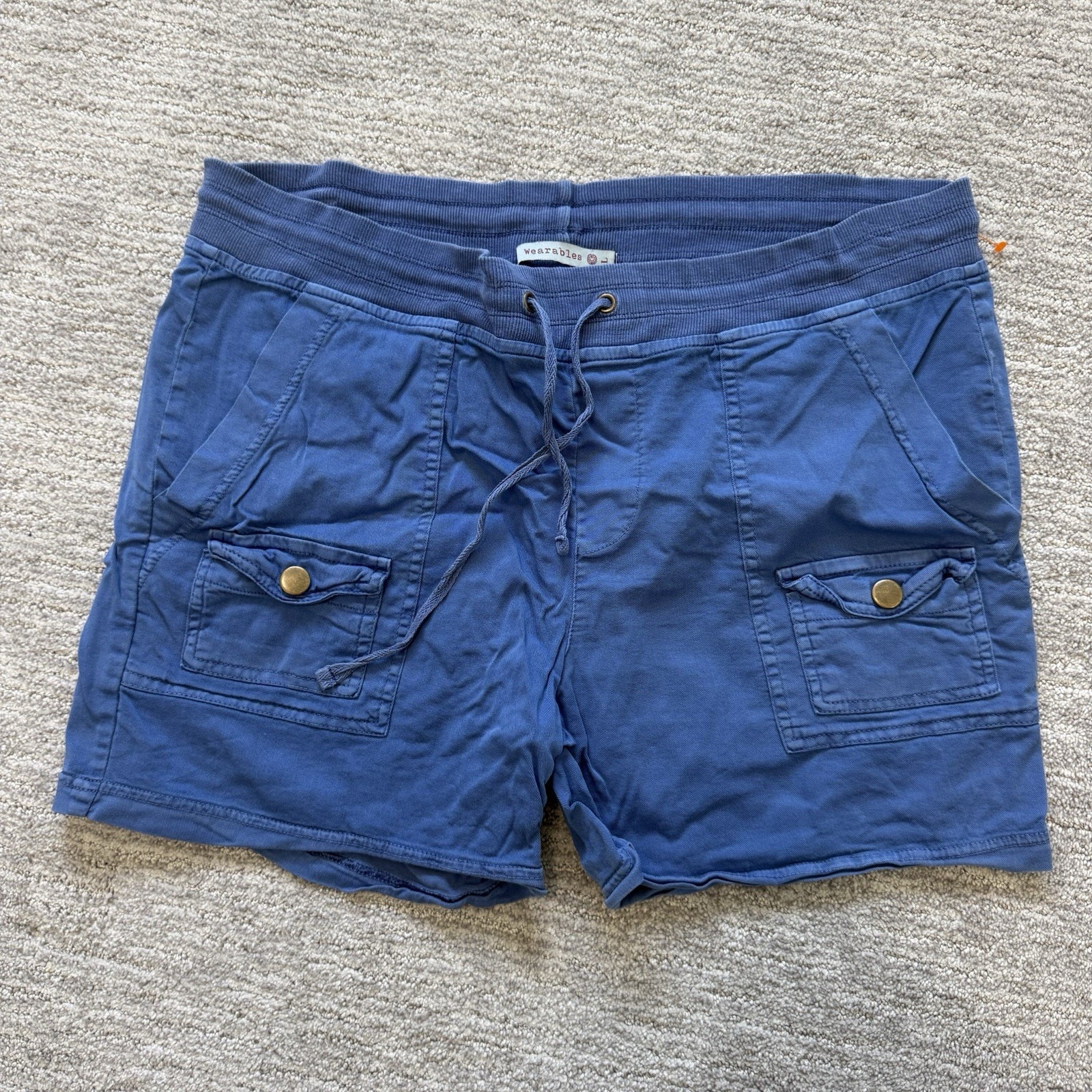 Wearables Women's Blue Cargo Shorts Cotton Knit Cargo Pockets Elastic L