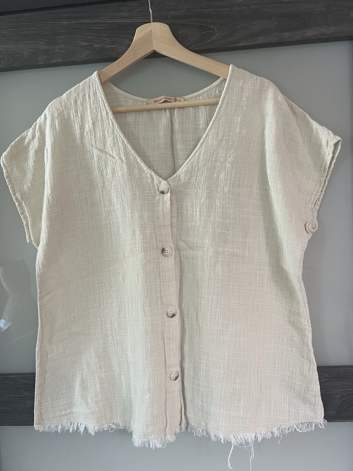 Wearables Cotton GauzyTop Size Large L Beige Cream Button Front Frayed Hem Boho