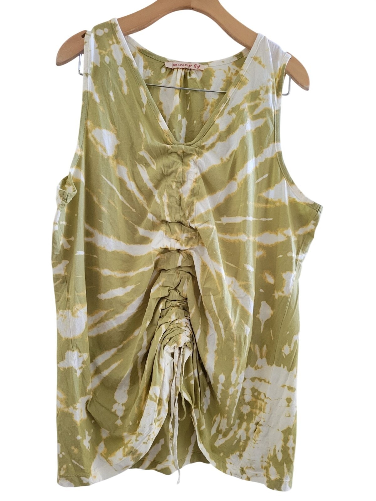 Wearables by XCVI XL Womens Olive Green tie dye Ruched Drawstring boho 70s