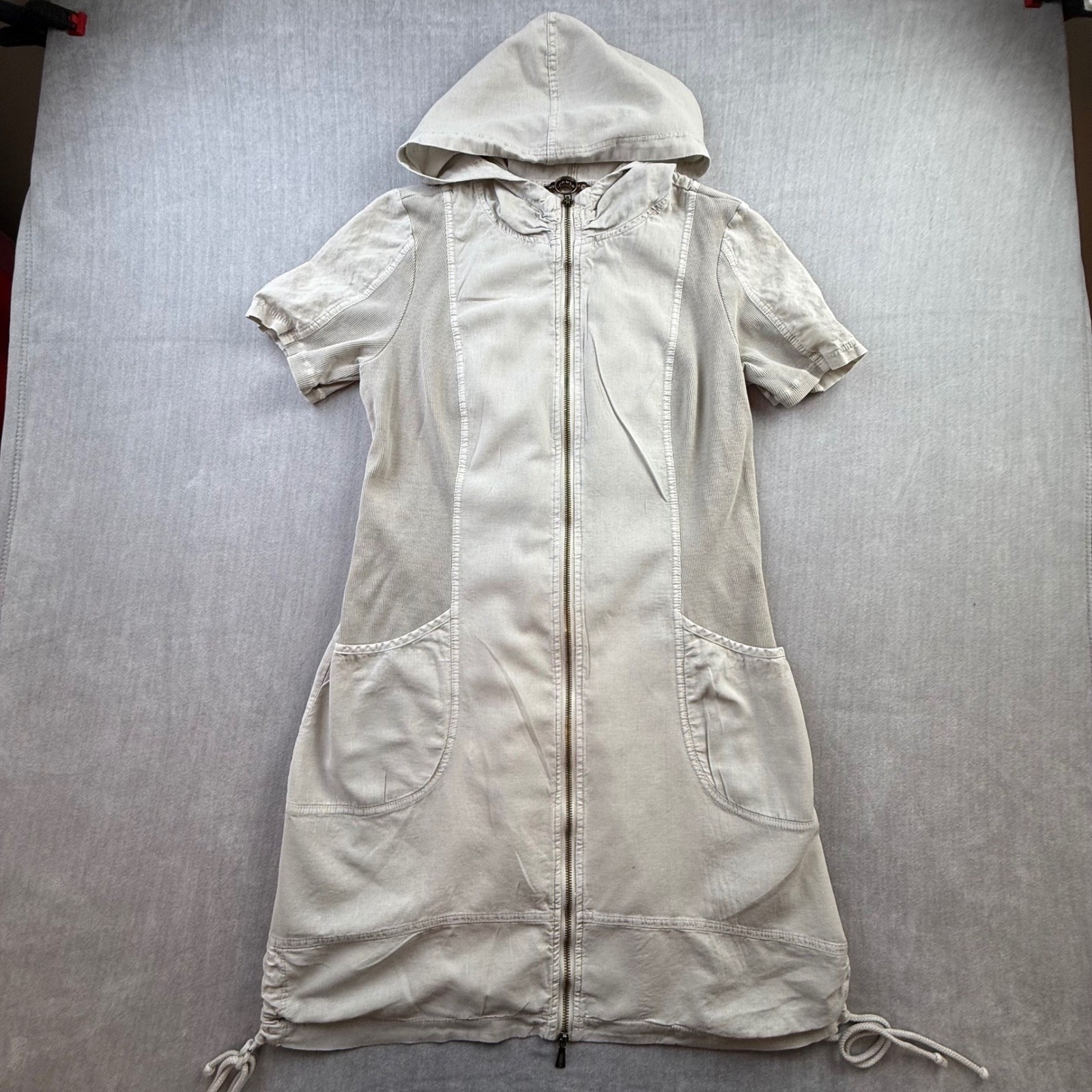 Wearables by Lotus Linen Blend Hooded Full Zip Dress Short Sleeve Beige Medium