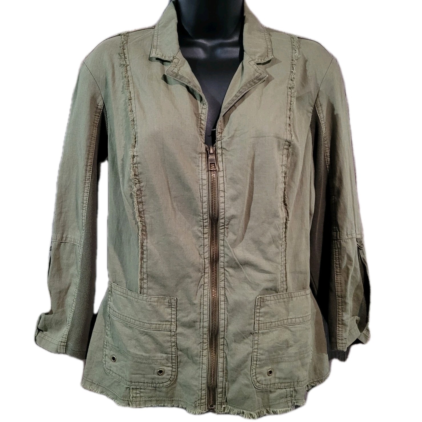 Wearables by XCVI Military Style Lightweight Jacket M Frayed Trim Roll Tab Slv